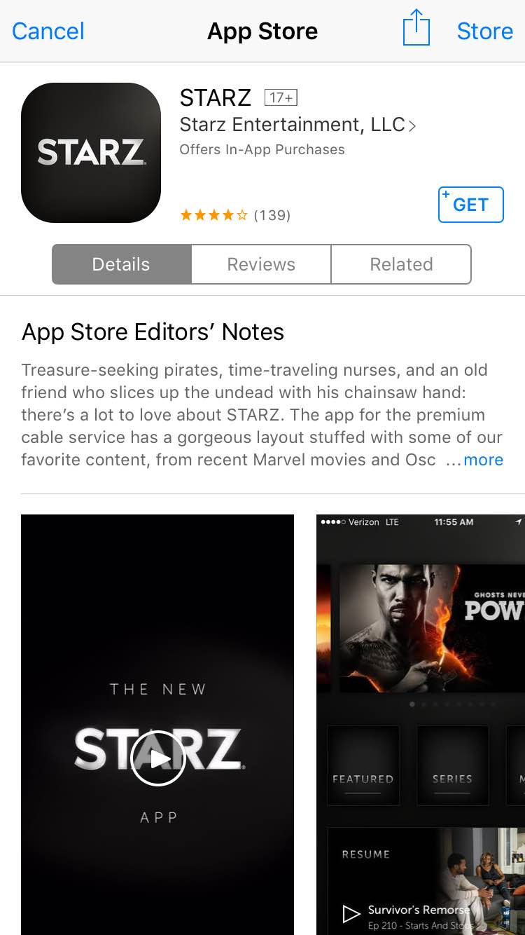 Screenshot app store - download app Starz