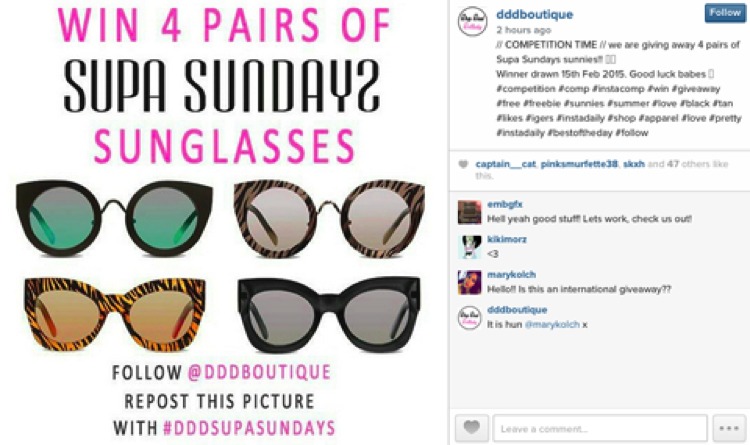 Competition on Instagram of DDD Boutique to win pairs of sunglasses