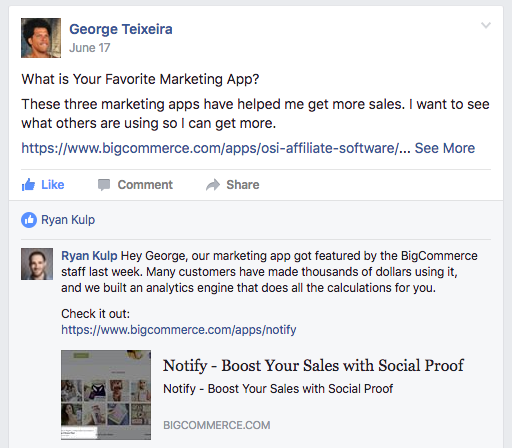 Screenshot of facebook groups discussion about Marketing App