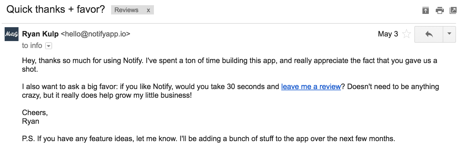 Email asking for reviews for Notify