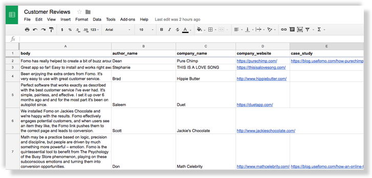 fomo reviews google sheet