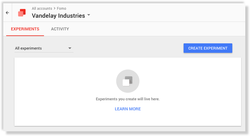 Google Optimize experiments dashboard