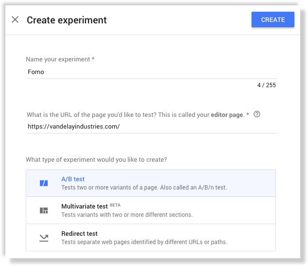 Fomo experiment in Google Optimize