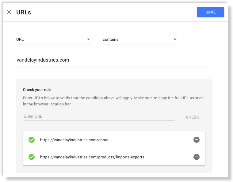 Google Optimize url targeting rule example