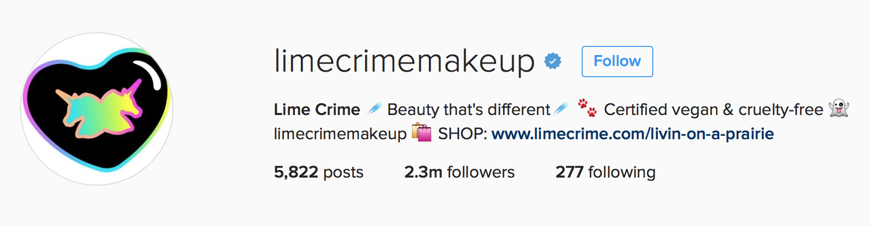 Use of emojis in Lime Crime Makeup's Instagram bio